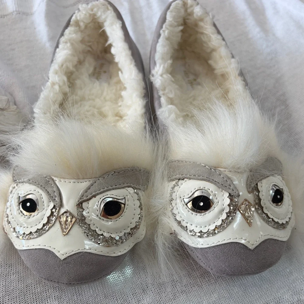 Kate Spade Owl Slippers Women Size 6 Gray Cream Faux Fur Sherpa Lined Whimsical
